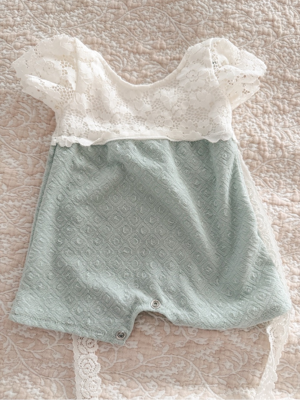 Baby Girl Lace Top Romper in Cream and Sage